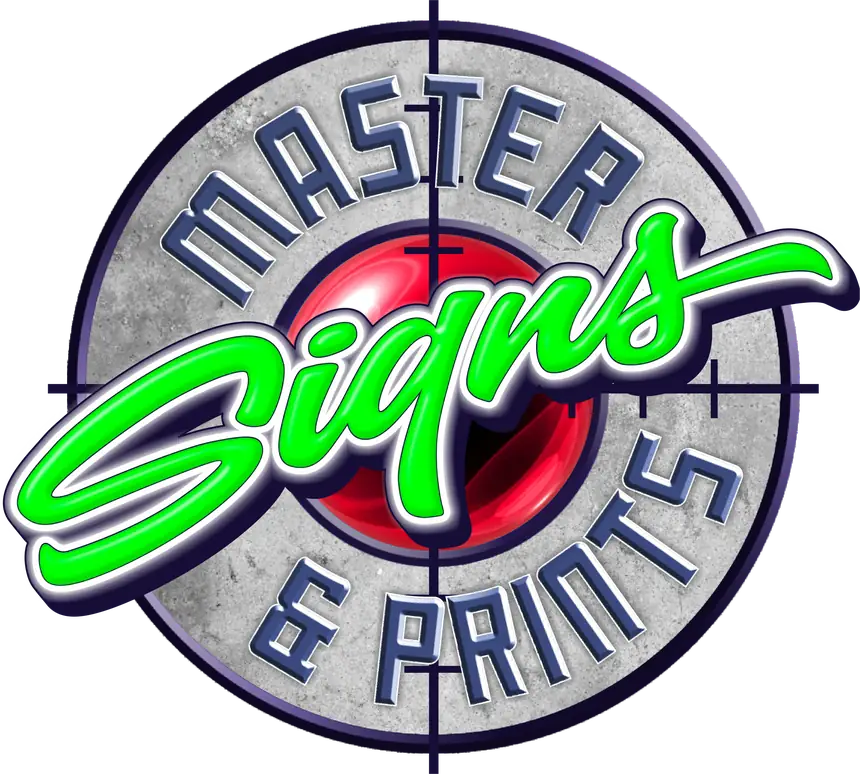 The original Master Signs logo, with navy lettering, a red center and green Signs script